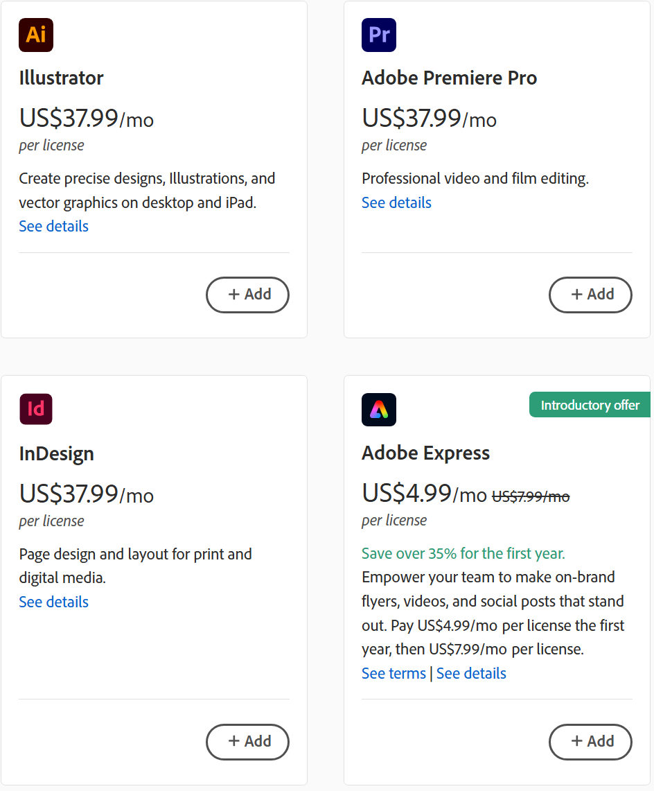 Adobe apps pricing